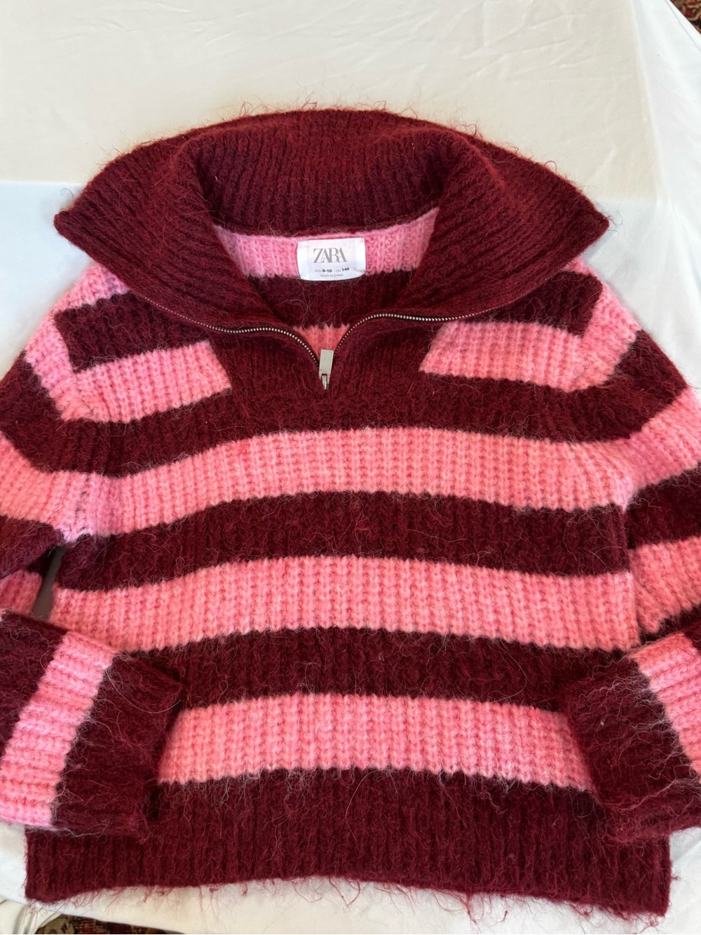Zara Pink and Burgundy Striped Mohair-Blend Half-Zip Sweater